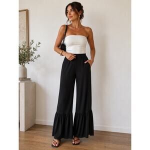 Chiara Boni La Petite Robe High Waisted Ruffle Hem Wide Leg Pants Black Women 46